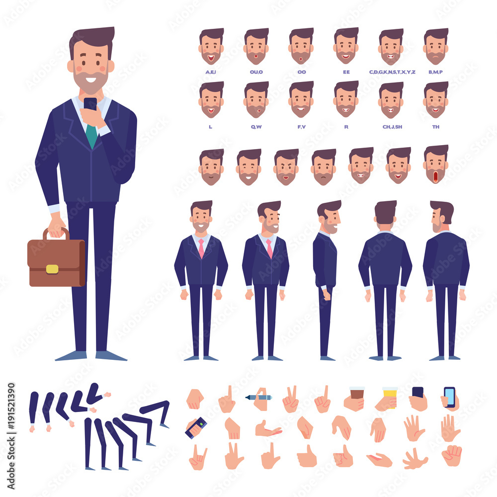 Front, side, back view animated character. Business man character creation set with various views, hairstyles, poses and gestures. Cartoon style, flat vector illustration. Front, side, back view animated character. Business man character creation set with various views, hairstyles, poses and gestures. Cartoon style, flat vector illustration.