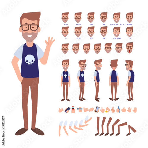 ront, side, back view animated character. Geek character creation set with various views, face emotions, poses and gestures. Cartoon style, flat vector illustration.