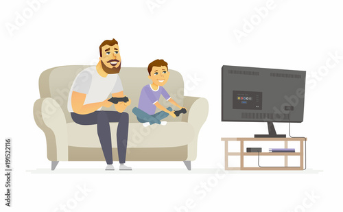 Father and son playing video games - cartoon people characters illustration