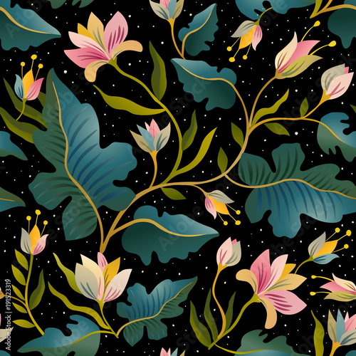 Seamless pattern with beautiful fantastic plants. Vector magic background design.