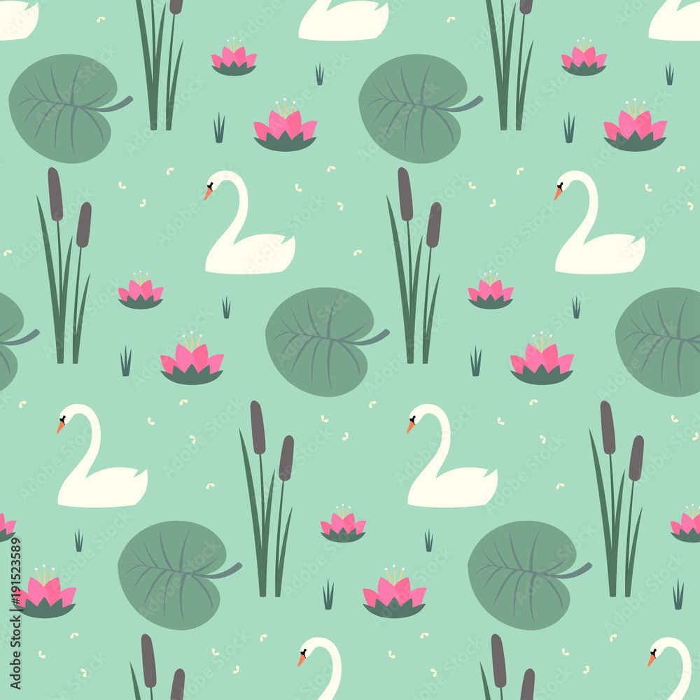 Fototapeta premium White swans, water lily, bulrush and leaves seamless pattern on mint green background. Cute lake life art background. Fashion design for fabric, wallpaper, textile and decor.