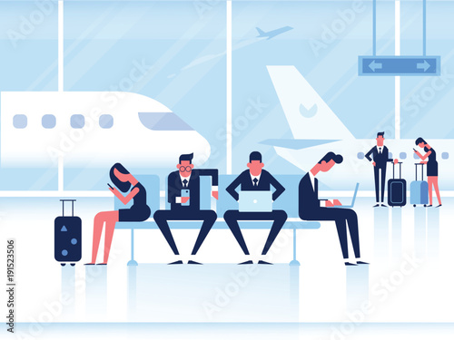 People sitting and walking in airport terminal. Infographics elements. Business travel concept. Flat vector background.