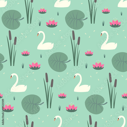White swans, water lily, bulrush and leaves seamless pattern on mint green background. Cute lake life art background. Fashion design for fabric, wallpaper, textile and decor.