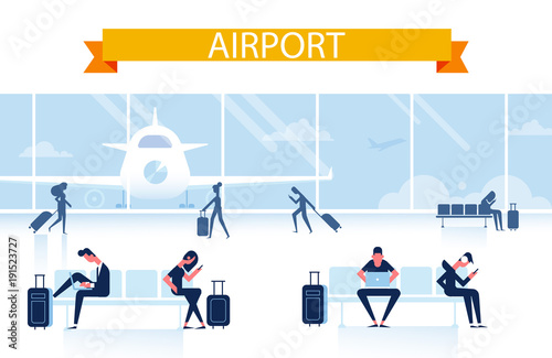 People sitting and walking in airport terminal. Infographics elements. Business travel concept. Flat vector background.