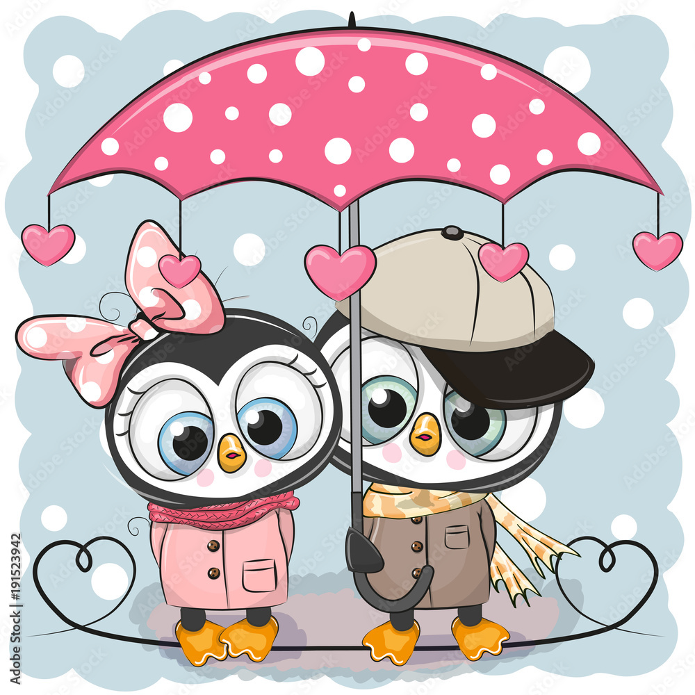 Obraz premium Two Cute Penguins with umbrella under the rain