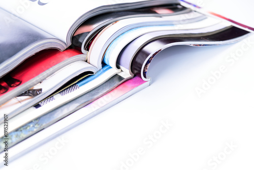 Stack of magazines on white background or isolated