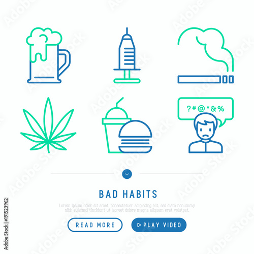 Bad habits thin line icons set: abuse, alcoholism, cigarette, marijuana, drugs, fast food, swear words. Modern vector iilustration, web page template.