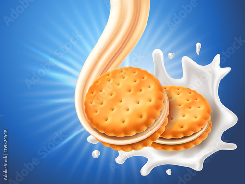 Sandwich cookies with delicious vanilla cream flow. Cracker drop in milk splash. Blue background with glowing effect and beams. Food and sweets, baking and cooking theme. Vector 3d illustration.