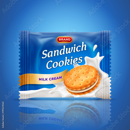 Sandwich cookies or cracker package design. Easy used template isolated on blue background. Food and sweets, baking and cooking theme. Vector realistic 3d illustration.