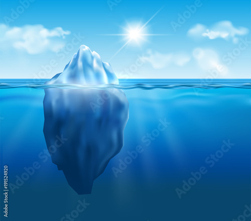 Vector iceberg floating in blue ocean with sun and clouds in the sky