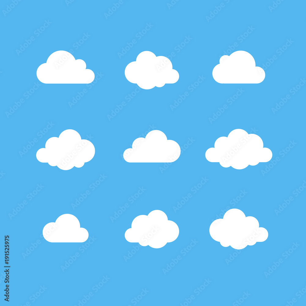 Cloud vector icon set. White Cloud shape on blue sky. Technology Save share data information concept. Design Logo, mobile app, website social media, UI, EPS, Flat sign isolated on white.