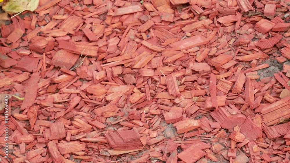 Red decorative sawdust wood chips under tree in park Red decorative sawdust wood chips under tree in park