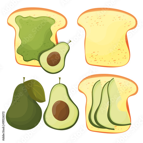 Avocado toast - vector set. Fresh toasted bread with avocado. Delicious sandwich