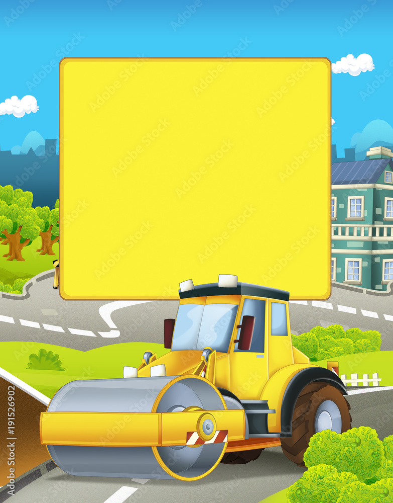 Naklejka premium cartoon scene with road roller in the city - illustration for children