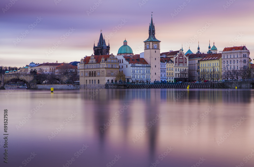 Prague, morning cityscape. Vltava river and old town of Prague, Czech Republic 