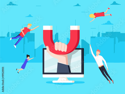 Attracting online customers. Hand with magnet attract people and money in screen. Commercial campaign