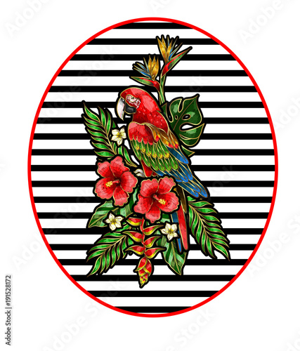 Parrot ara embroidery patch with tropical flowers and leaves.