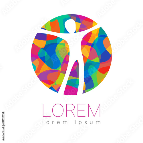 Modern vector Human silhouette in circle logotype isolated on white background. Rainbow bright colors. Man happy inside. Health symbol. Concept design for web, clinic, school, education. Creative