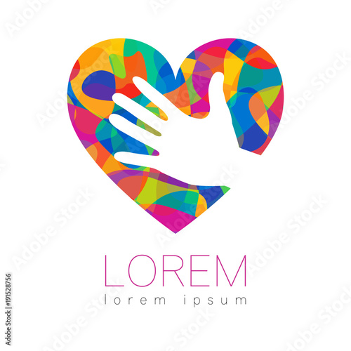 Vector illustration. Symbol of Charity. Sign hand isolated on white background.Rainbow color Icon company, web, card, print. Modern bright element. orphans Help kids campaign. Family children heart.