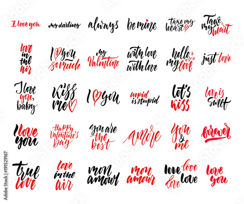 Set of isolated vectors, Happy Valentines Day, wedding illustrations. Forever. True love. I love You. Kiss me. Love in the air. Take my heart. My Valentine. Be mine. Red, black calligraphy, lettering.