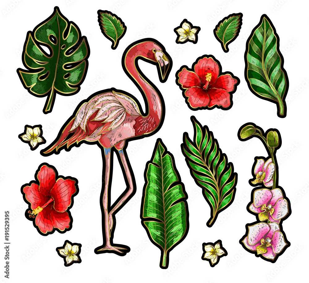Obraz premium Flamingo and flowers embroidery patches for your design.