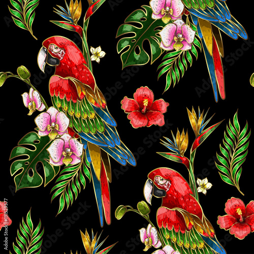 Seamless pattern with ara parrot, palm leaves and hibiscus embroidery. Tropical texture for print.
