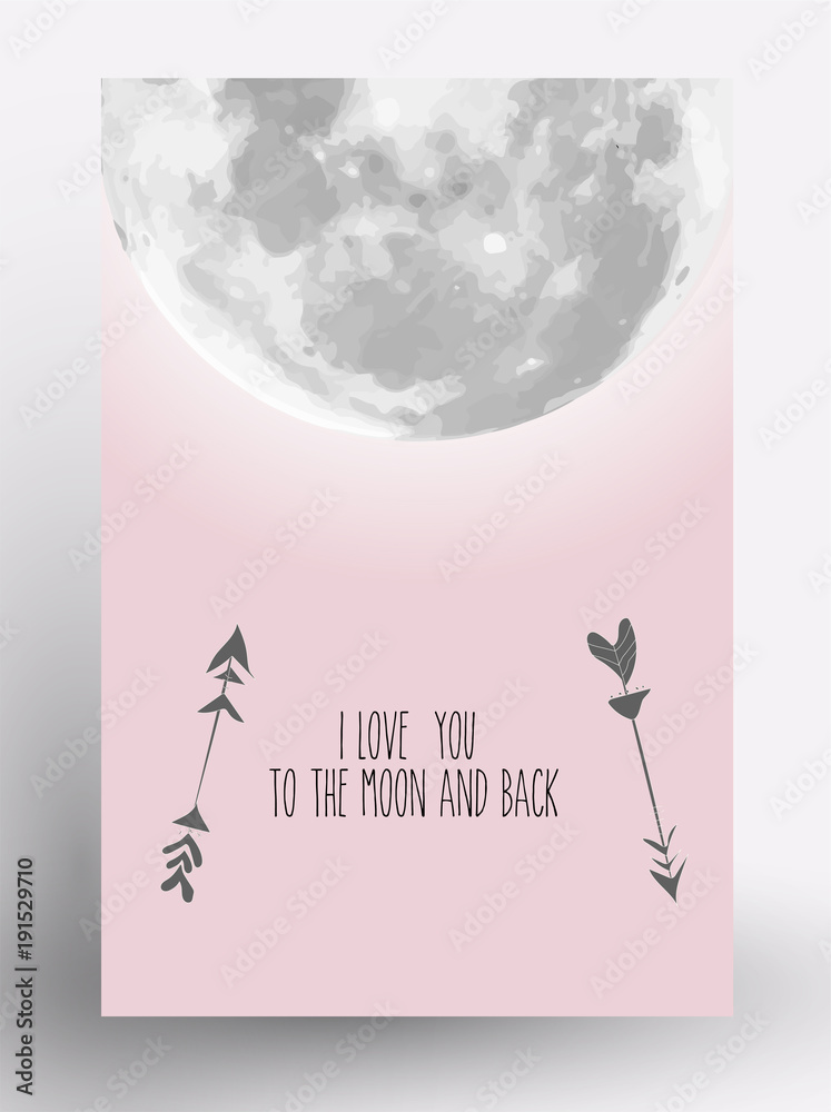 Love Themed. Postcard Design Love. Valentine's Day. Moon.Vector illustration. 