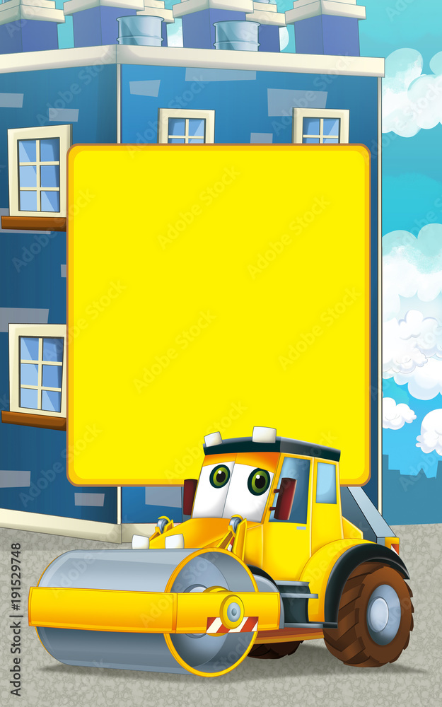 Naklejka premium Cartoon road roller truck in the city - with space for text - illustration for children