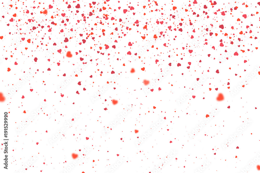 Red confetti of hearts flying randomly on white background. Explosion of Valentines petals. Valentines day background, Women's Day