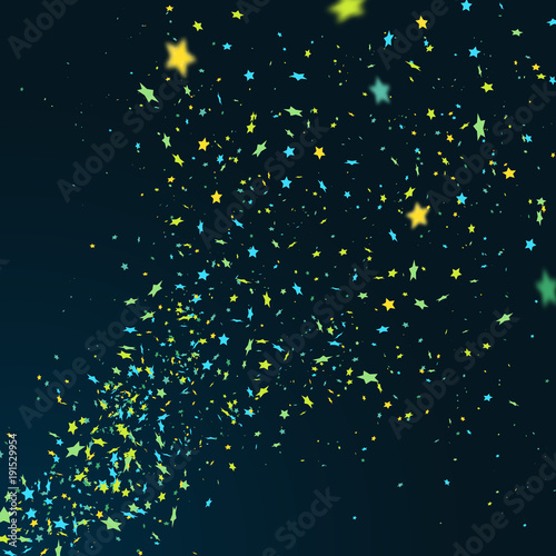 Colorful confetti flying randomly on dark blue background. Explosion of stars from the corner in green and blue colors. Vector illustration for greeting card merry christmas, birthday, holidays