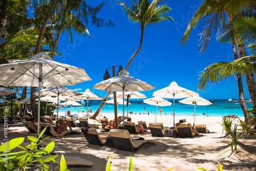 Tropical vacation on  White beach at Boracay island , Philippines.