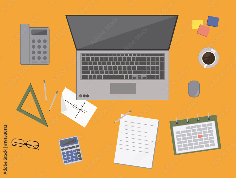 Flat design office. Workplace with office desk, laptop, phone, calculator, documents. Flat design office. Workplace with office desk, laptop, phone, calculator, documents.