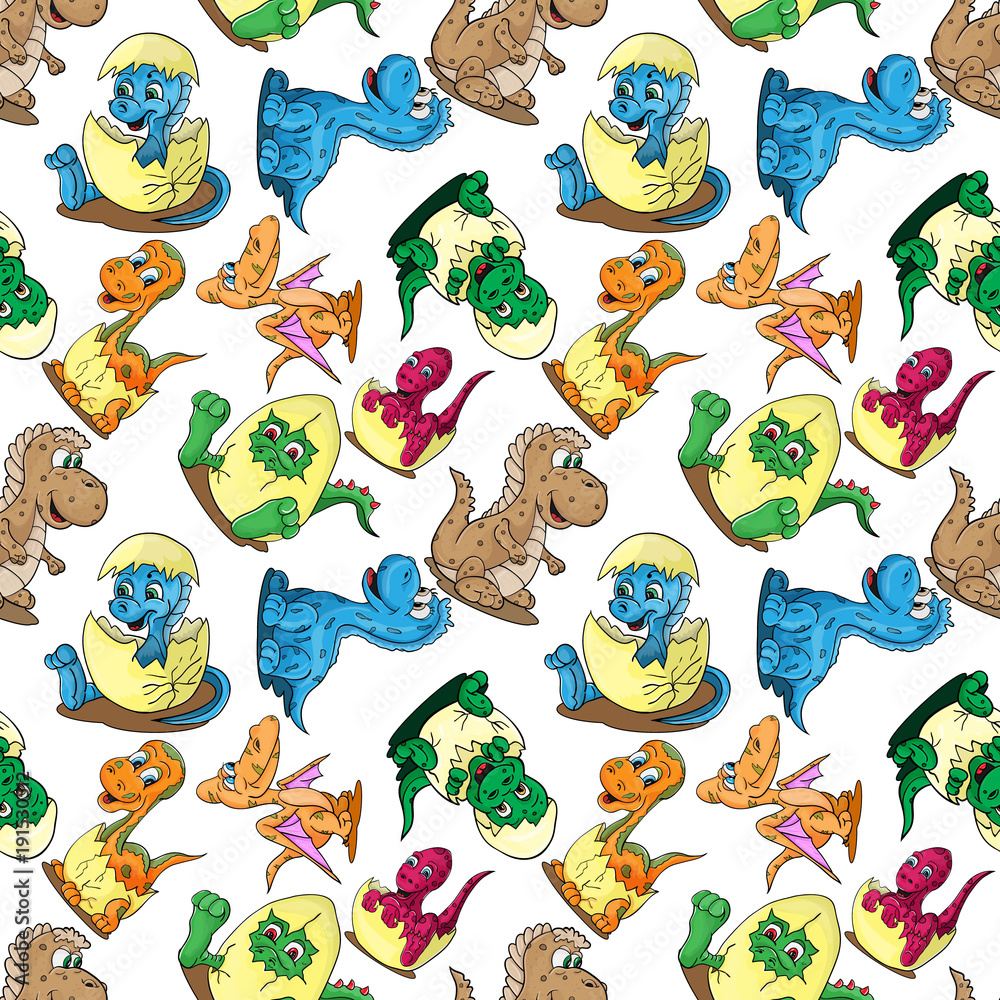 Fototapeta premium seamless pattern illustration depicting little babies of different dinosaurs in the egg a childs drawing