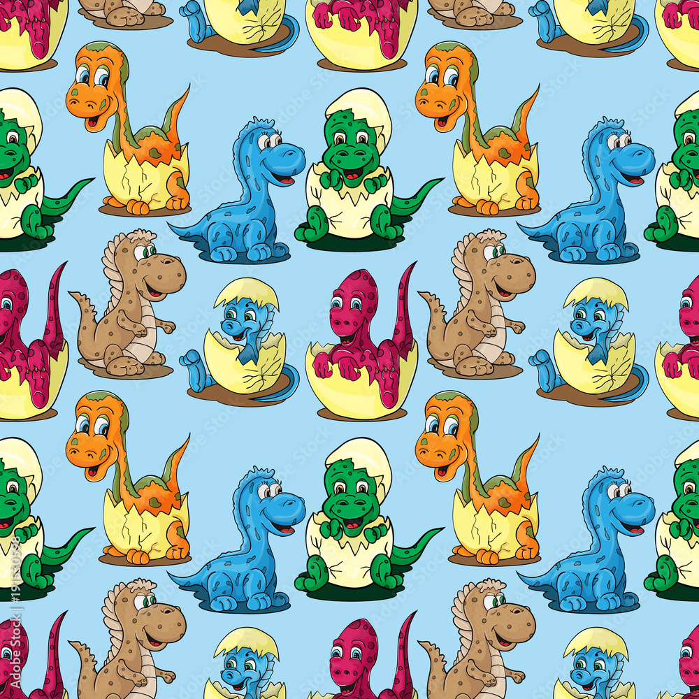 Obraz premium seamless pattern illustration depicting little cubs of different dinosaurs in an egg children drawing blue background
