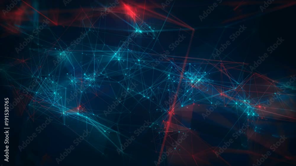 Epic Energy Network Loop 1A: fast moving plasma cloud of sparkling light network connections in neon cool blue and hot red, dark background. 4K UHD, FullHD, seamless loop. 