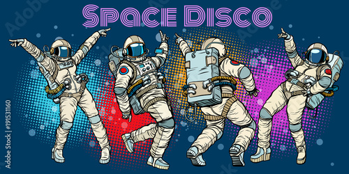 Disco party astronauts dancing men and women