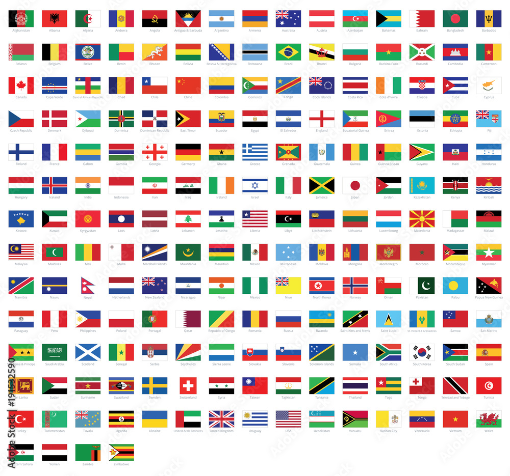 Obraz premium Wszystkie flagi narodowe świata z nazwami - wysokiej jakości flaga wektor na białym tle