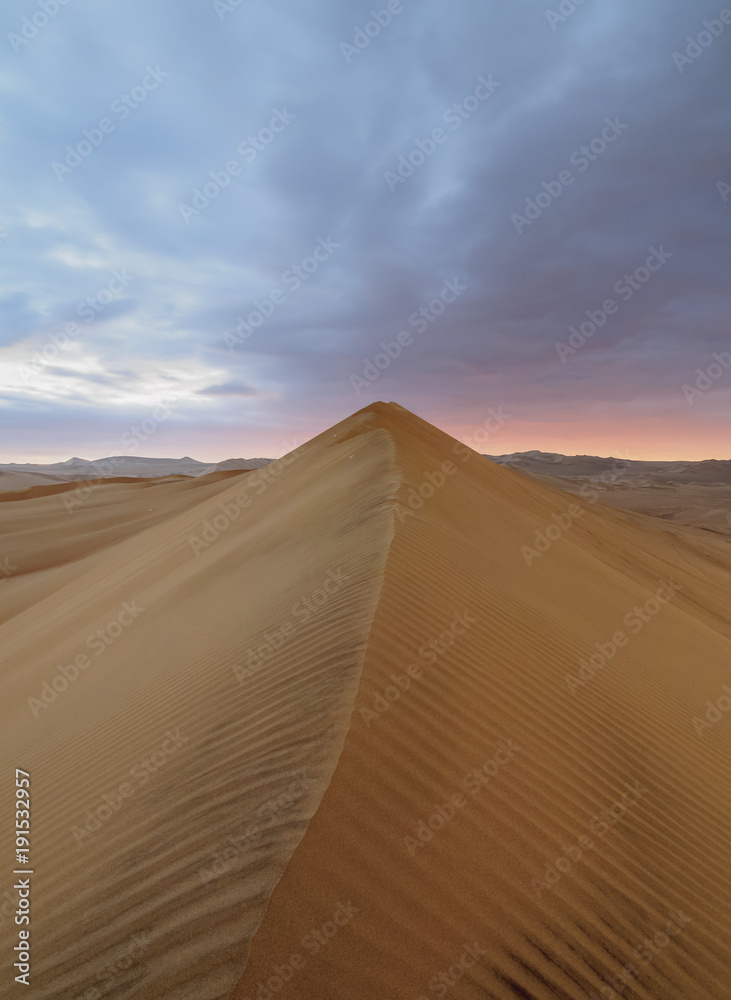 Sand Dunes of Ica Desert near Huacachina at sunset, Ica Region, Peru