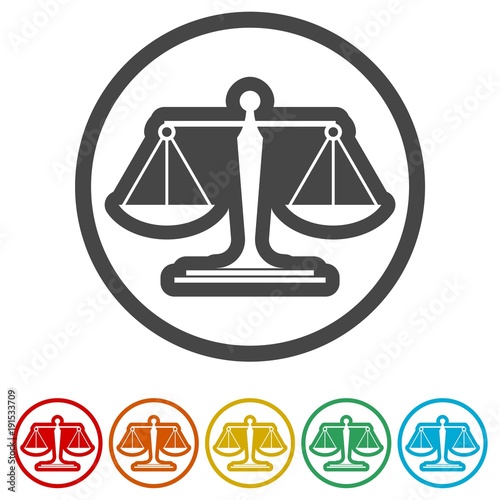 Scales of justice flat icon for apps and websites, 6 Colors Included