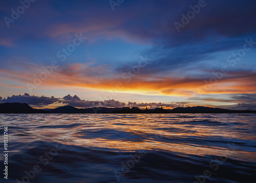 Uros Floating Islands at sunset, Lake Titicaca, Puno Region, Peru