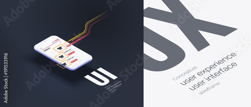 Conceptual banner, booklet, brochure. User experience, user interface. 3d phone with the layout of the web page. Mobile interface with moving elements. Mobile application