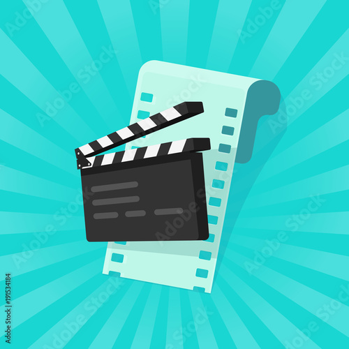 Movie or online cinema concept vector illustration, flat cartoon design of clapper board and film strip, idea of video editing icon, film production symbol, cinematography equipment isolated