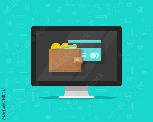 Electronic wallet on computer vector illustration icon, flat cartoon design desktop pc screen with digital wallet and credit card, internet banking concept, wireless money transfer, internet cash
