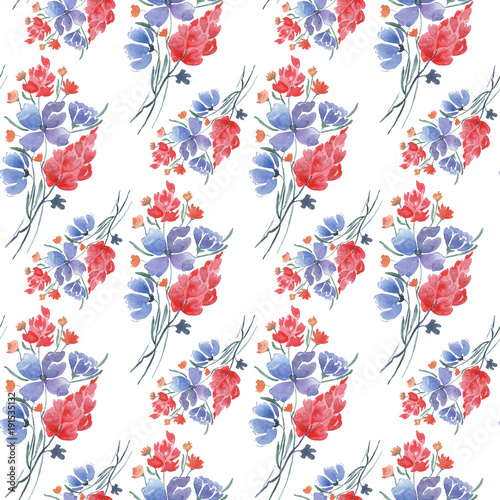 Abstract seamless cute floral pattern.Cute red, blue meadow flowers on white background. © brusnika9