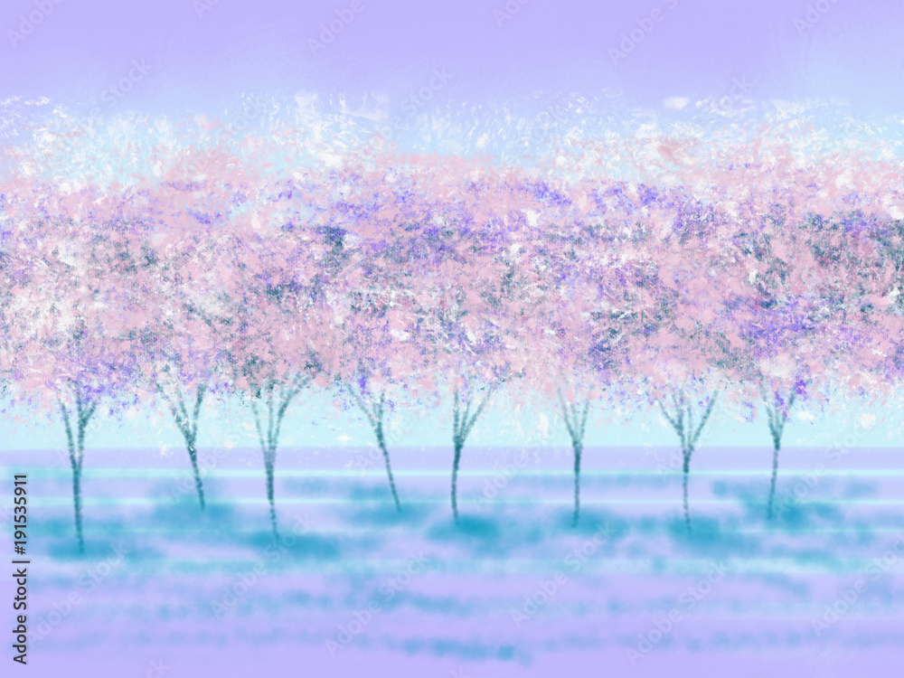 Colorful hand drawn bright spring bloom trees on blue background, cartoon pink cherry garden illustration painted by oil color and pencil paper chalk for wallpaper or greeting card, high quality Colorful hand drawn bright spring bloom trees on blue background, cartoon pink cherry garden illustration painted by oil color and pencil paper chalk for wallpaper or greeting card, high quality