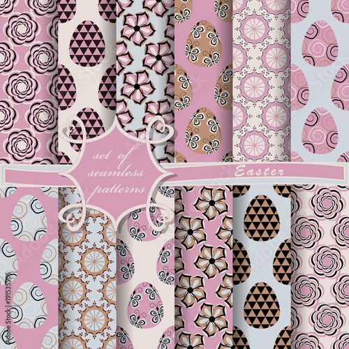set of seamless abstract vector paper with decorative flowers, figures and symbols of the holy Easter day