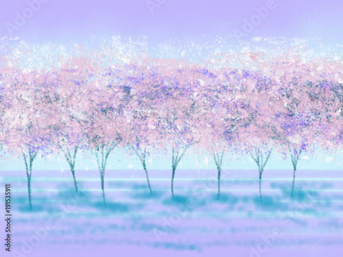 Colorful hand drawn bright spring bloom trees on blue background, cartoon pink cherry garden illustration painted by oil color and pencil paper chalk for wallpaper or greeting card, high quality