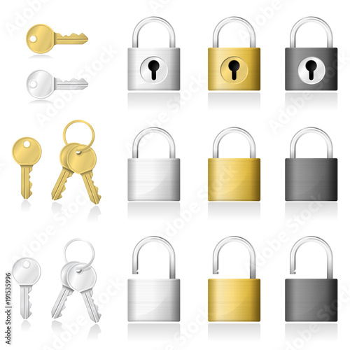 Set of realistic key and padlock icons isolated on white background , vector , illustration