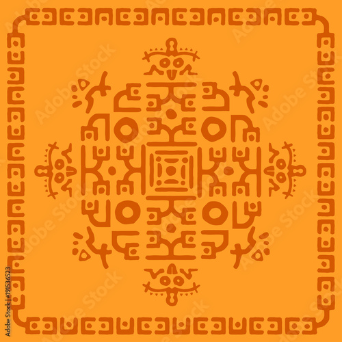 Ethnic Rug, tribal background Mayan symbol, hand draws ornament with geometric symmetrical pattern. Embroidery design for background or wallpaper and clothing. Vector illustration.