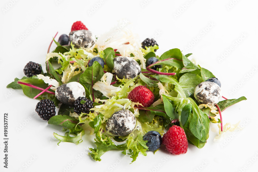 bright summer salad with greens, raspberries and cheese bright summer salad with greens, raspberries and cheese